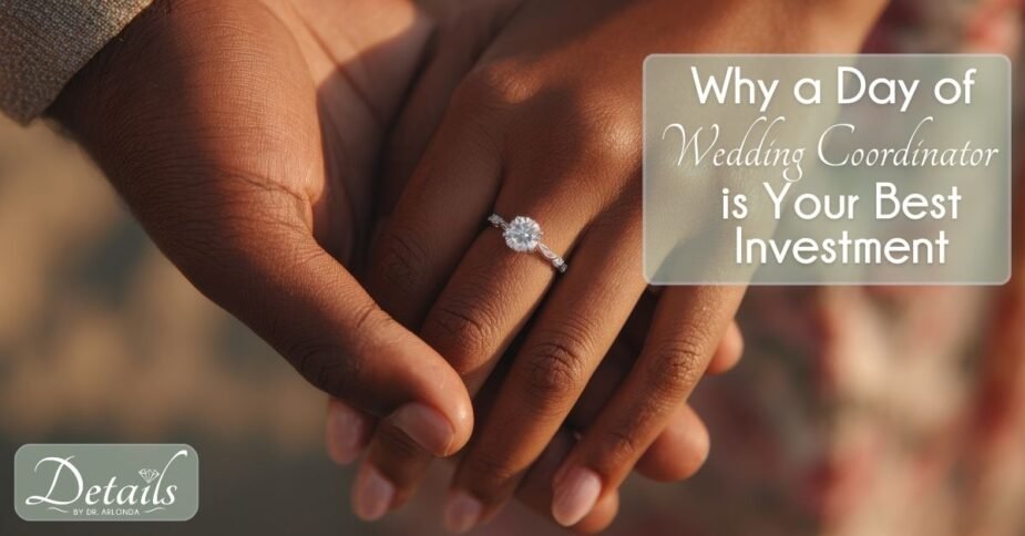 A couple holding hands, with one hand wearing an engagement ring. The text in the corner reads, "why a day of wedding coordinator is your best investment."
